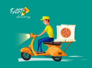 Fast and free delivery by scooter. Vector cartoon illustration. Food service.