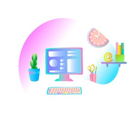 Concept of workplace with computer and office equipment. Vector illustration.