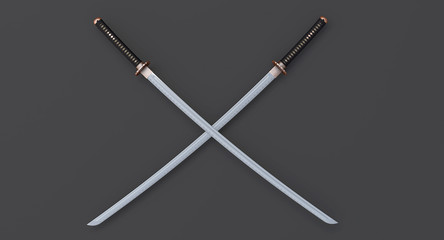two crossed katana  on gray background  3d rendering