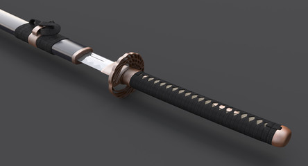 Fototapeta premium Japanese sword Katana sneath and tsuba - on dark background 3d illustration