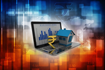 3D rendering Real estate industry-house on indian rupee on laptop
