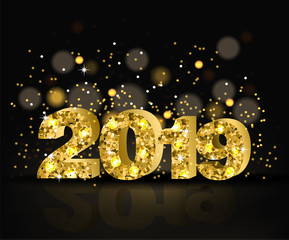 2019 Golden text with glitter Vector. Happy New Year template. Merry Christmas card. Shiny text bokeh backgrounds