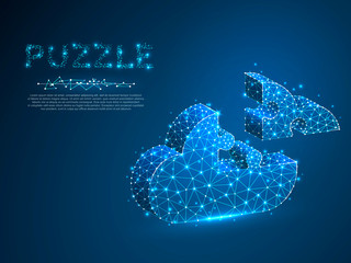 Jigsaw Puzzle cloud service 3d silhouette. Business infographic presentation. Neon low poly model of database cloud in form of puzzle. Polygonal connection with wireframe. Vector network illustration