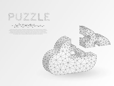 Origami style Jigsaw Puzzle cloud service 3d silhouette. Business infographic presentation. Neon low poly model of database cloud in form of puzzle. Polygonal connection with wireframe. Vector network