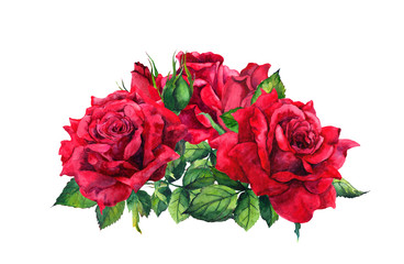 Red roses bouquet. Watercolor sketch, wedding card