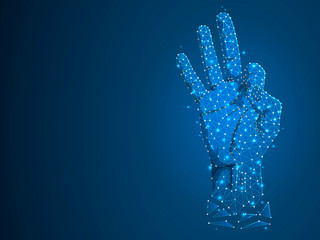Naklejka premium Sign language number nine, fillip, flick, finger kick, ok, yes gesture. Polygonal low poly. Deaf People silent communication alphabet. Connection wireframe. Raster 9 on dark blue background