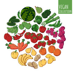 Group of vector colorful illustrations on the vegetarianism theme: various types of fresh vegetables and fruits. Zero waste. Eco lifestyle. Isolated objects for your design.
