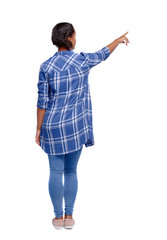 back view of a black African-American woman in a shirt pointing