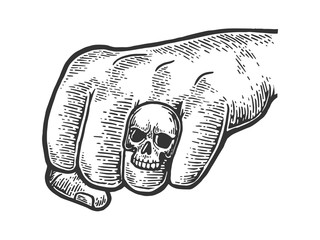 Fist with skull ring engraving vector illustration. Scratch board style imitation. Black and white hand drawn image.