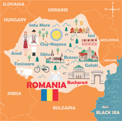 Stylized map of Romania - obrazy, fototapety, plakaty