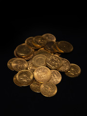 Close up gold money coin stacking on dark background