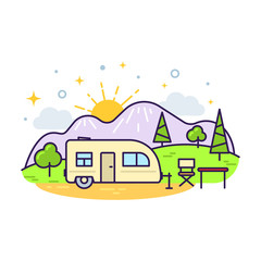 Cute flat line icon of colorful camp trailer. Vector