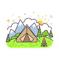 Cute flat line icon of colorful tourist camping tent. Vector