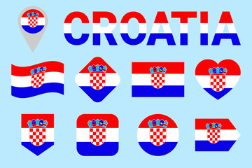 Croatia flag vector set. Different geometric shapes. Flat style. Croatian flags collection. For sports, national, travel, geographic design elements. isolated icons with state name.