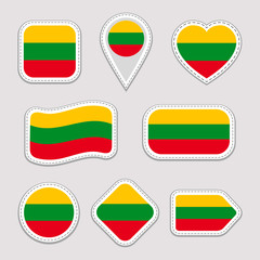 Lithuania flag stickers set. Lithuanian national symbols badges. Isolated geometric icons.Vector official flags collection. Sport pages, patriotic, travel, school, design elements. Different shapes.