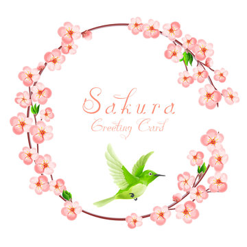 Greeting card with blossom sakura branch and flying japanese bird.