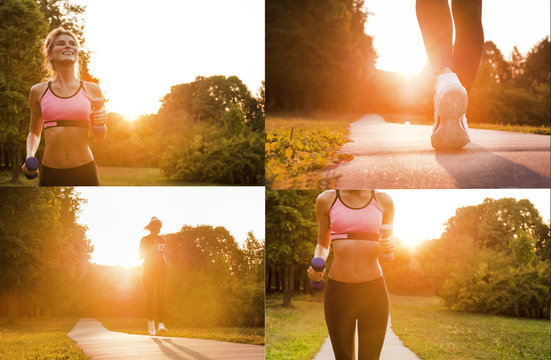 Collage of pictures of a girl involved in sports on the street. Running in the fresh air. Healthy sport