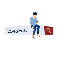 Man sitting on the search bar. Idea of website