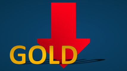 The price of the commodity gold is falling. The red arrow behind the word gold is showing downwards on a blue background and symbolizes the fall or drop of the gold price.