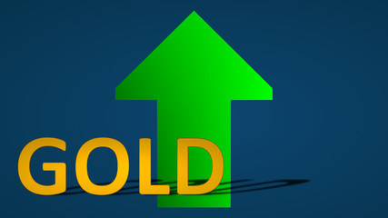 The price of the commodity gold is going up. A green arrow behind the word gold is showing upwards on a blue background and symbolizes the price rise or grow of the metal gold.