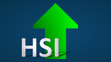 The Hong Kong stock market index Hang Seng Index or HSI is going up. A green arrow behind the SMI label on a blue background is showing upwards and symbolizes the price rise or grow of the index.