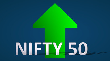 The stock market index NIFTY 50, National Stock Exchange of India, is going up. A green arrow behind the NIFTY 50 label on a blue background is showing upwards and symbolizes the price rise or grow.