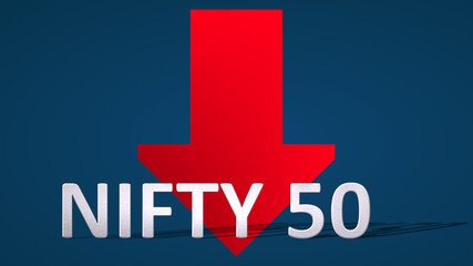 The stock market index NIFTY 50, National Stock Exchange of India, is falling. A red arrow behind the NIFTY 50 label on a blue background shows downwards and symbolizes a fall or drop of the index. 
