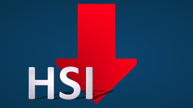The Hong Kong stock market index Hang Seng Index or HSI is falling. The red arrow behind the HSI label on a blue background shows downwards and symbolizes the fall or drop of the stock market index.