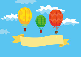 Obraz premium Three Hot air balloons with ribbon in the sky with clouds. Travel time. Flat cartoon design. Vector illustration