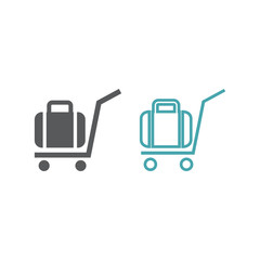 Two vector illustrations a bag on the cart. Set of vector symbols. Baggage transportation. Flat design Monohrome