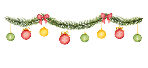 Watercolor vector Christmas garland with balls, red bow and fir branches.