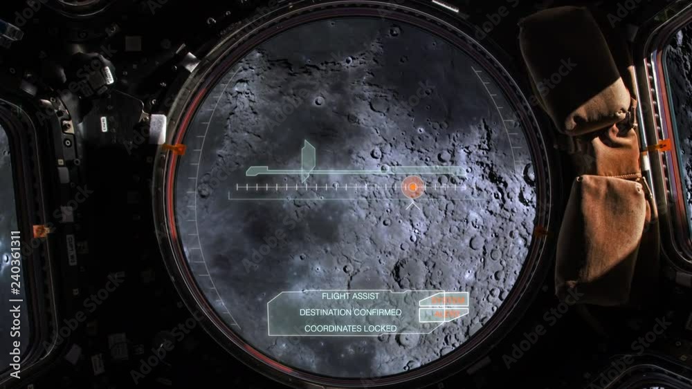 Wall mural a view from inside a space shuttle as it approaches a moon landing with a digital heads-up display o
