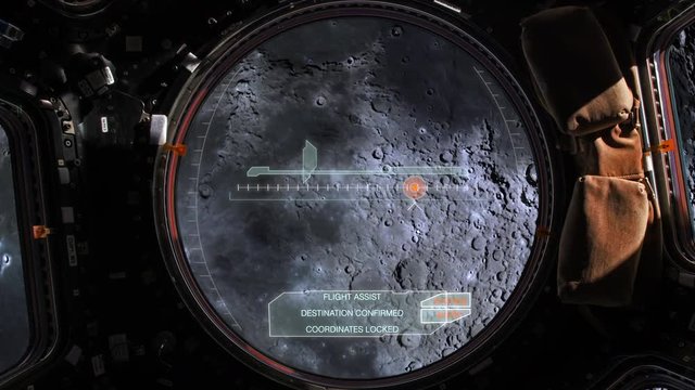 A view from inside a space shuttle as it approaches a moon landing with a digital heads-up display on the viewing window.