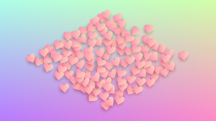 Wedding Background. Poster Template. Many Random Falling Pink Hearts on Hologram Backdrop. Heart Confetti Pattern. Vector Wedding Background.