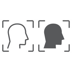 Face ID line and glyph icon, face recognition and face identification, face scanning sign, vector graphics, a linear pattern on a white background,