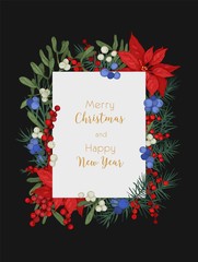 Christmas and New Year greeting card or postcard template decorated by conifer branches, juniper and mistletoe berries and poinsettia leaves. Elegant holiday vector illustration in vintage style.