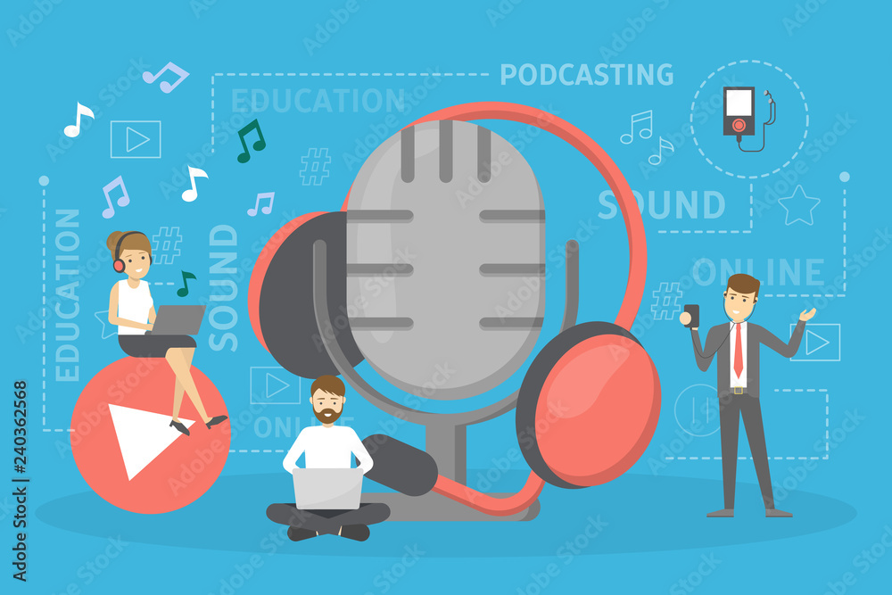 Wall mural podcast concept. idea of podcasting studio and people