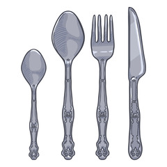 Vector Cartoon Color Set of Vintage Silver Cutlery. Knife, Fork, Spoon, Tea-spoon