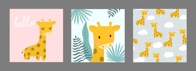 Cute giraffe, the set includes two postcards and a seamless pattern with giraffe. Hand-drawn. Children's illustrations. For print. - 240363198