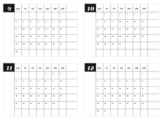 19, Calendar planner. September, October, November, December. Vector 