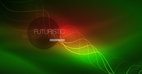 Abstract shiny glowinng color wave design element on dark background - science or technology concept