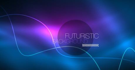 Glowing abstract wave on dark, shiny motion, Christmas and New Year magic space light. Techno abstract background