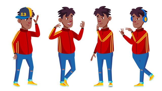 Boy Poses Set Vector. Black. Afro American. School Student. Headphones. Expression, Happy Childhood, Positive Person. For Banner, Flyer, Brochure Design. Isolated Cartoon Illustration