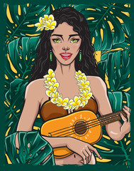 Obraz na płótnie Canvas Singing pretty girl playing ukulele guitar. Smiling female in bikini and lei flower necklace enjoying summer vacation. Vector illustration of a beautiful lady with green exotic rain-forest background.