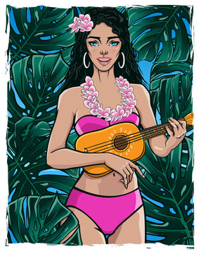 Singing pretty girl playing ukulele guitar. Smiling female in bikini and lei flower necklace enjoying summer vacation. Vector illustration of a beautiful lady with green exotic rain-forest background.