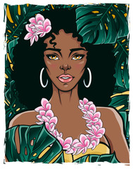 Beautiful female in yellow bikini and lei flowers garland. Vector illustration of a pretty lady with green exotic rain-forest background in pop art style. T-shirt, poster, card print.