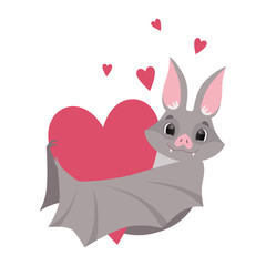 Cute bat with red heart, gray funny creature cartoon character vector Illustration on a white background