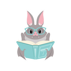 Cute bat in glasses reading a book, gray funny creature cartoon character vector Illustration on a white background