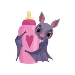 Cute bat holding pink milk bottle, funny creature cartoon character vector Illustration on a white background