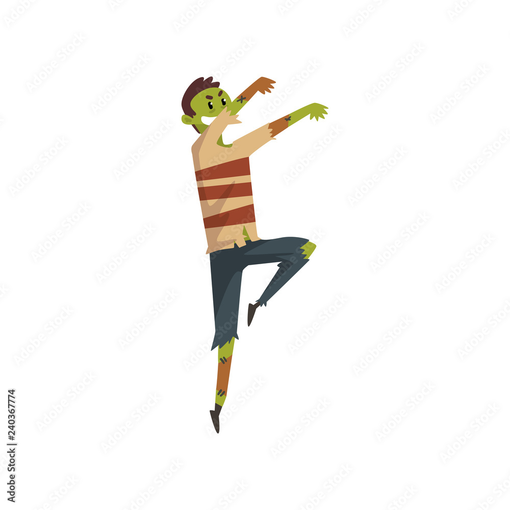 Poster Man in a zombie costume, funny person at carnival party or masquerade vector Illustration on a white background